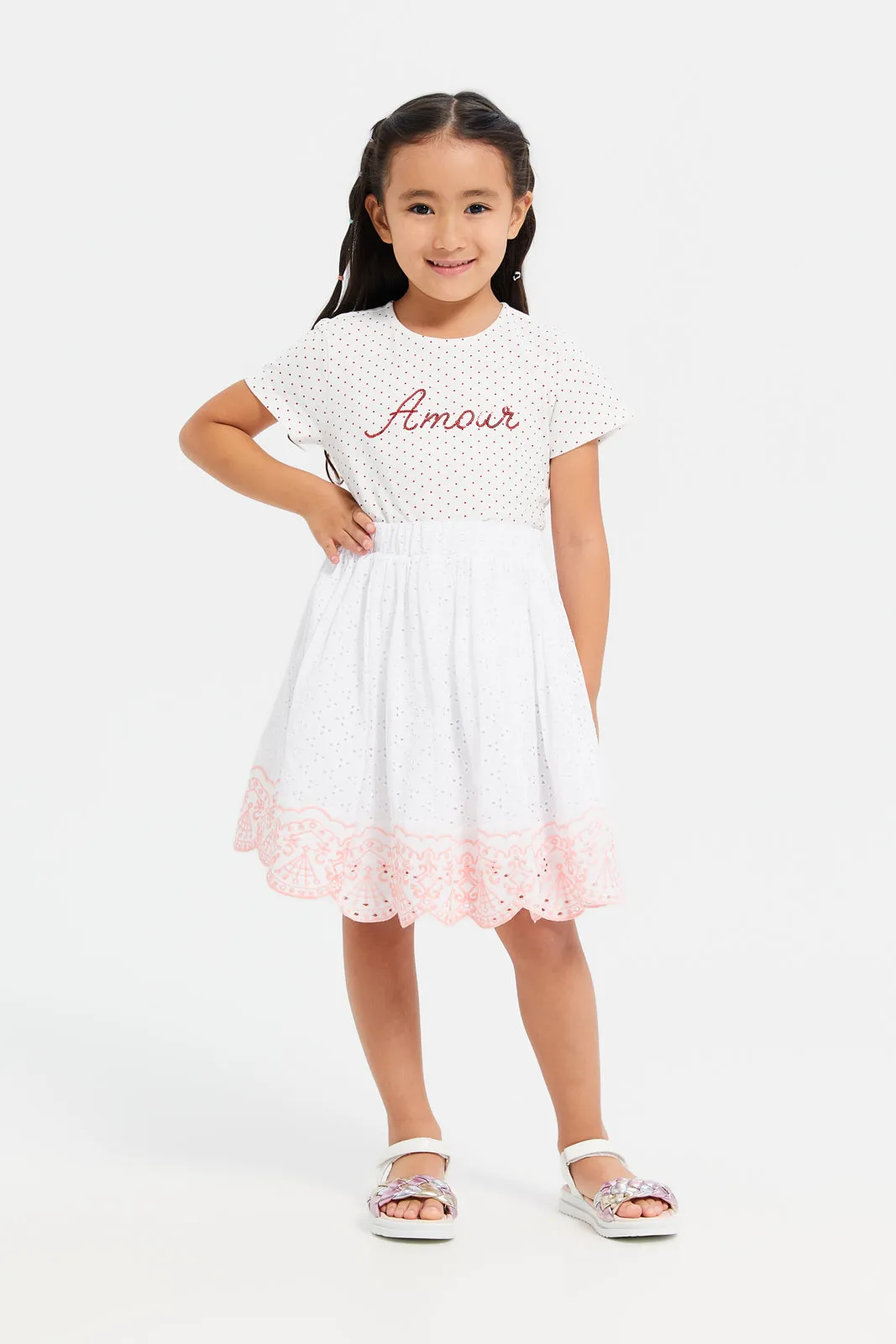 Girls White Polka Dot With Sequins Work T-Shirt