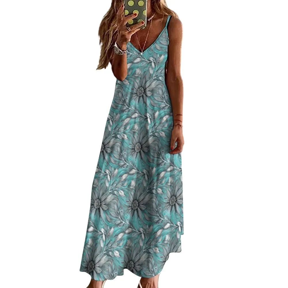 Green Elegant Floral Small Print Spaghetti Strap Ankle-Length Dress Long dress