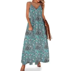 Green Elegant Floral Small Print Spaghetti Strap Ankle-Length Dress Long dress