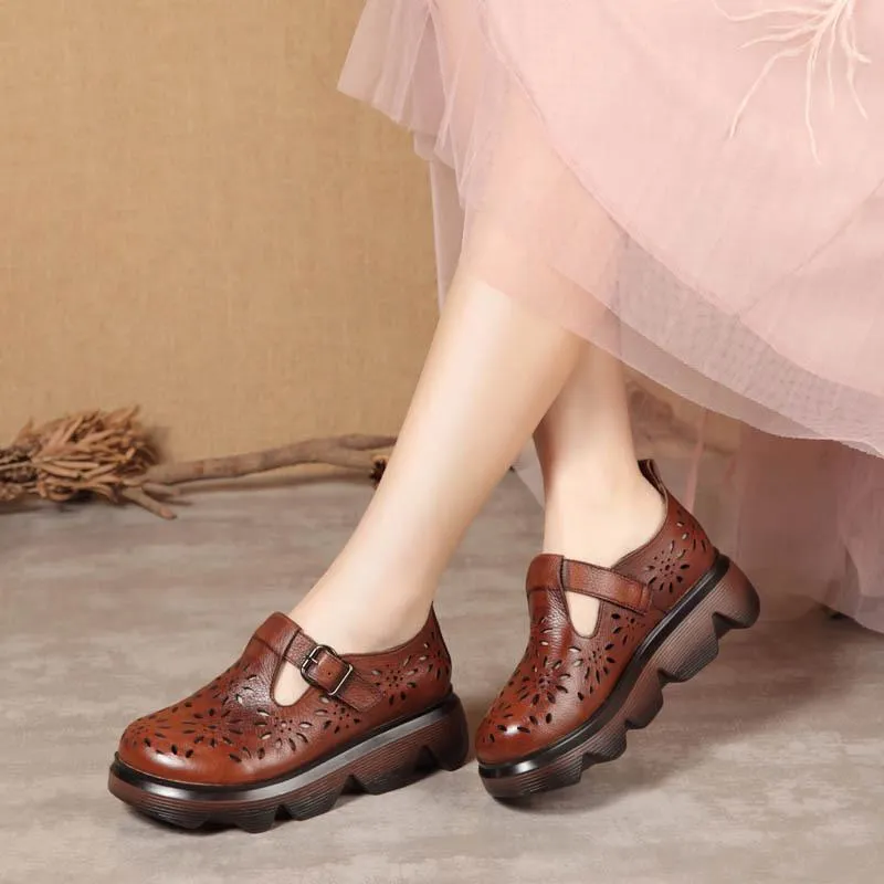 Handmade Leather Light Platform Sandals For Women Mori Girl Style Retro Mary Jane Shoes Grey/Coffee