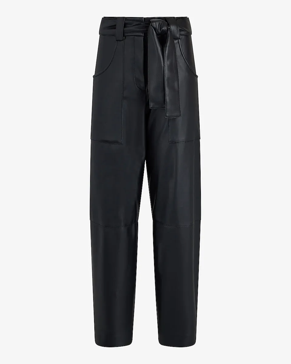 High Waisted Faux Leather Belted Utility Ankle Pant in Pitch Black