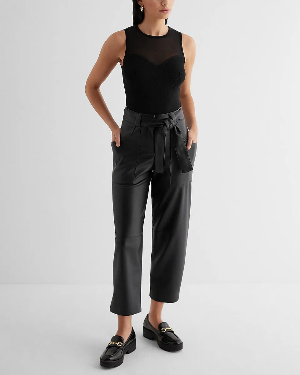 High Waisted Faux Leather Belted Utility Ankle Pant in Pitch Black