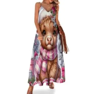 Highland Cow Pink Christmas Spaghetti Strap Ankle-Length Dress Long dress