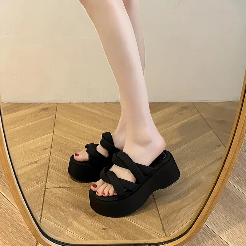 Hnzxzm Summer Chunky Women Silvery Slipper Fashion Open Toe Platform Heel Ladies Casual Sandal Shoes Outdoor Beach Vaction Slides