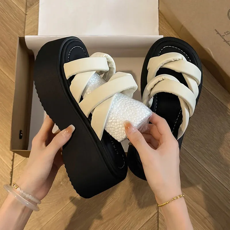 Hnzxzm Summer Chunky Women Silvery Slipper Fashion Open Toe Platform Heel Ladies Casual Sandal Shoes Outdoor Beach Vaction Slides