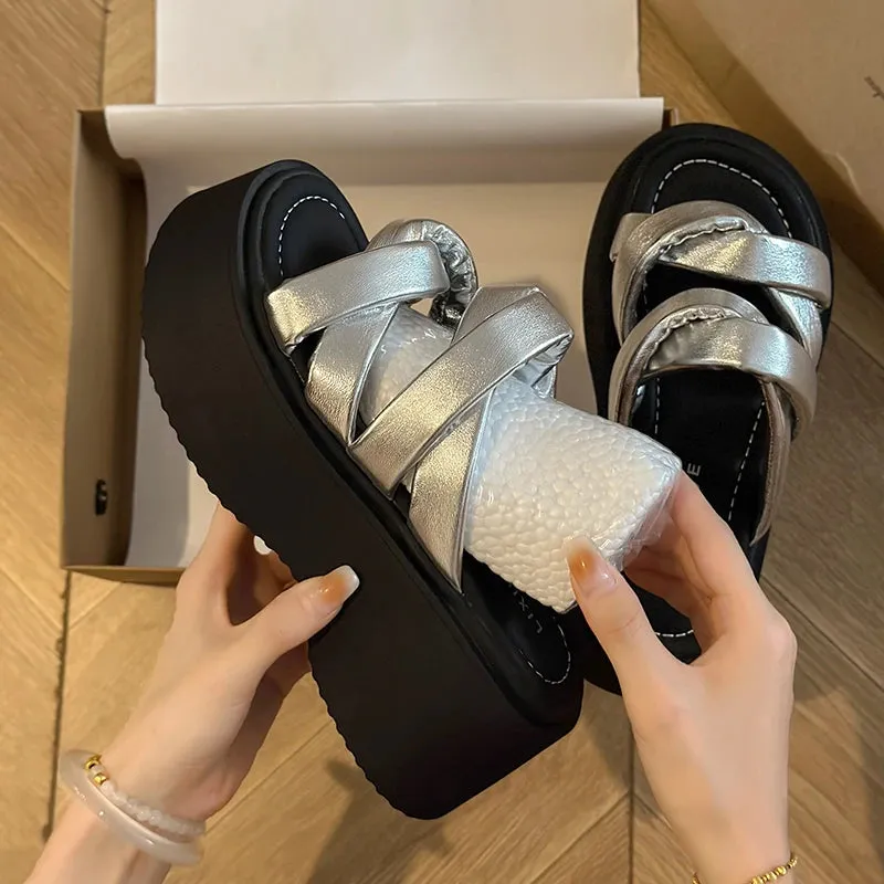 Hnzxzm Summer Chunky Women Silvery Slipper Fashion Open Toe Platform Heel Ladies Casual Sandal Shoes Outdoor Beach Vaction Slides