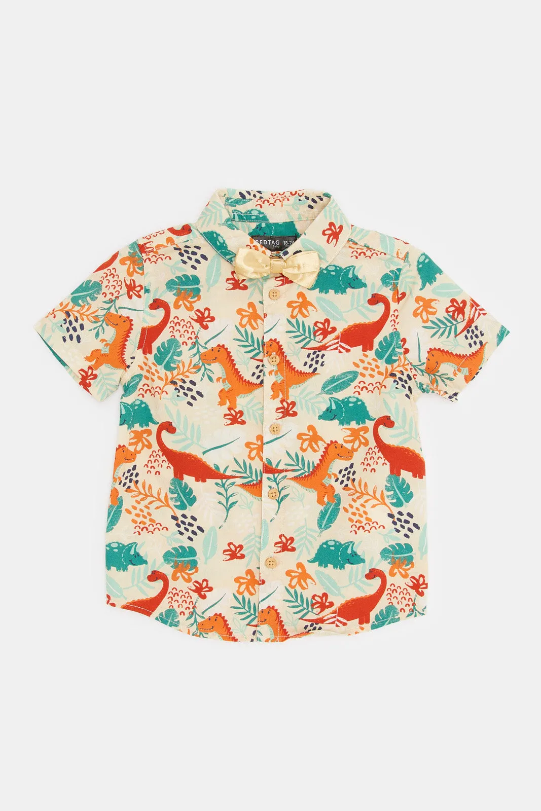 Infant Boys Beige Dino Printed Bow Shirt