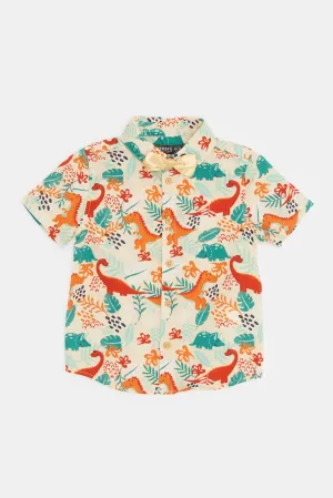 Infant Boys Beige Dino Printed Bow Shirt