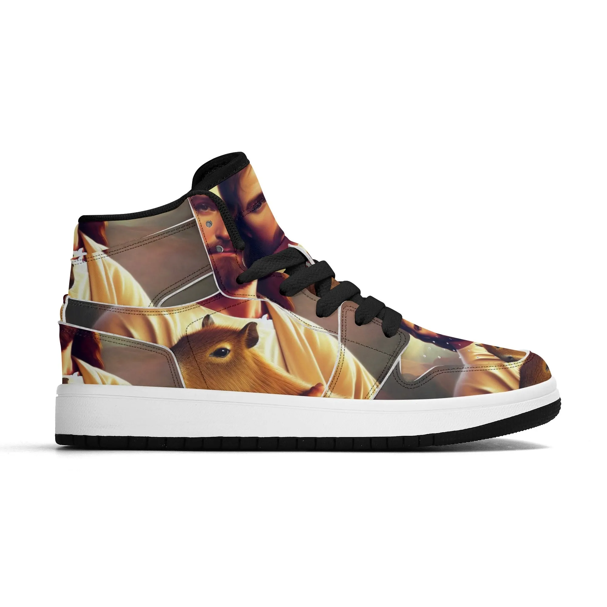 Jesus Holding Capybara Children Premium High Top Leather Sneakers