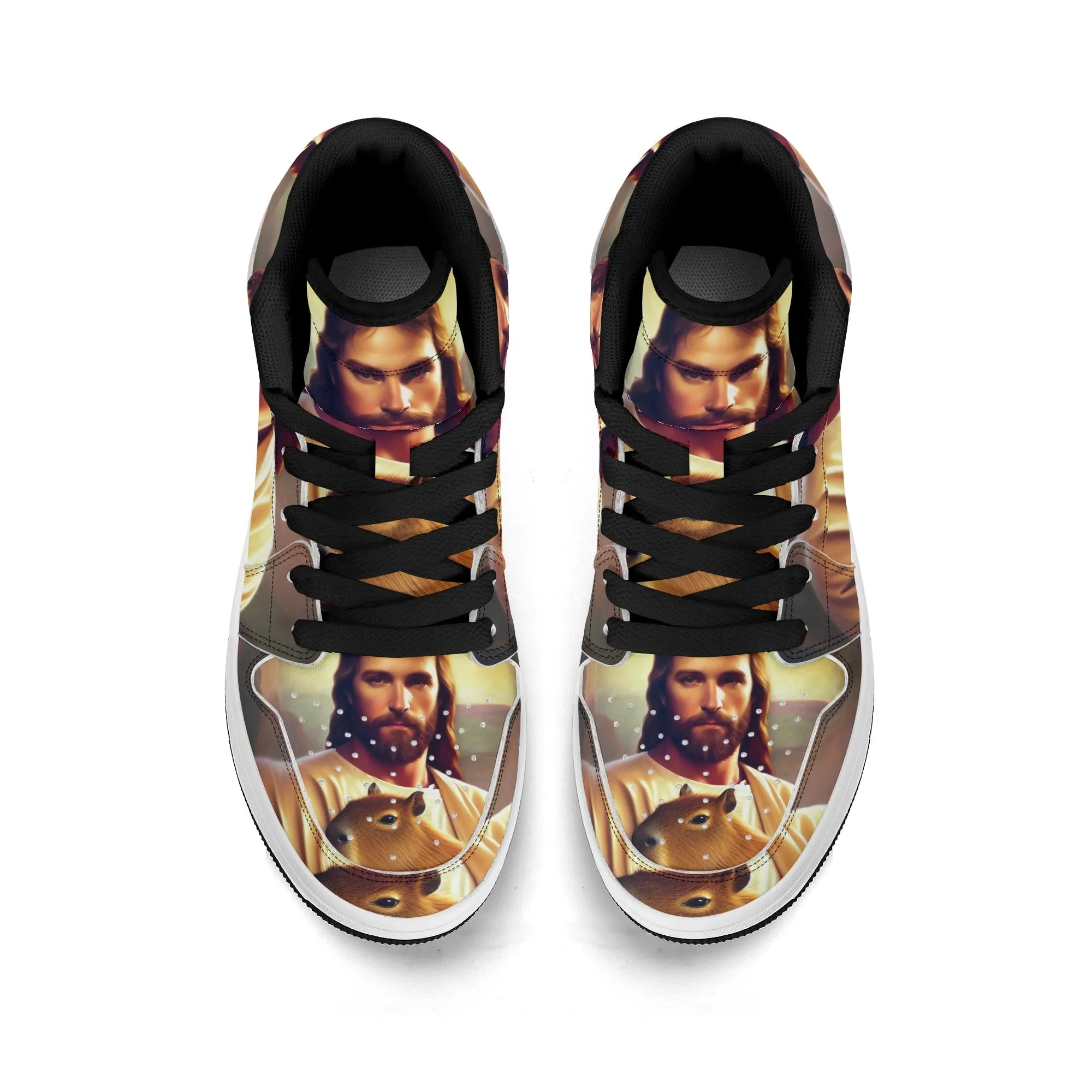 Jesus Holding Capybara Children Premium High Top Leather Sneakers