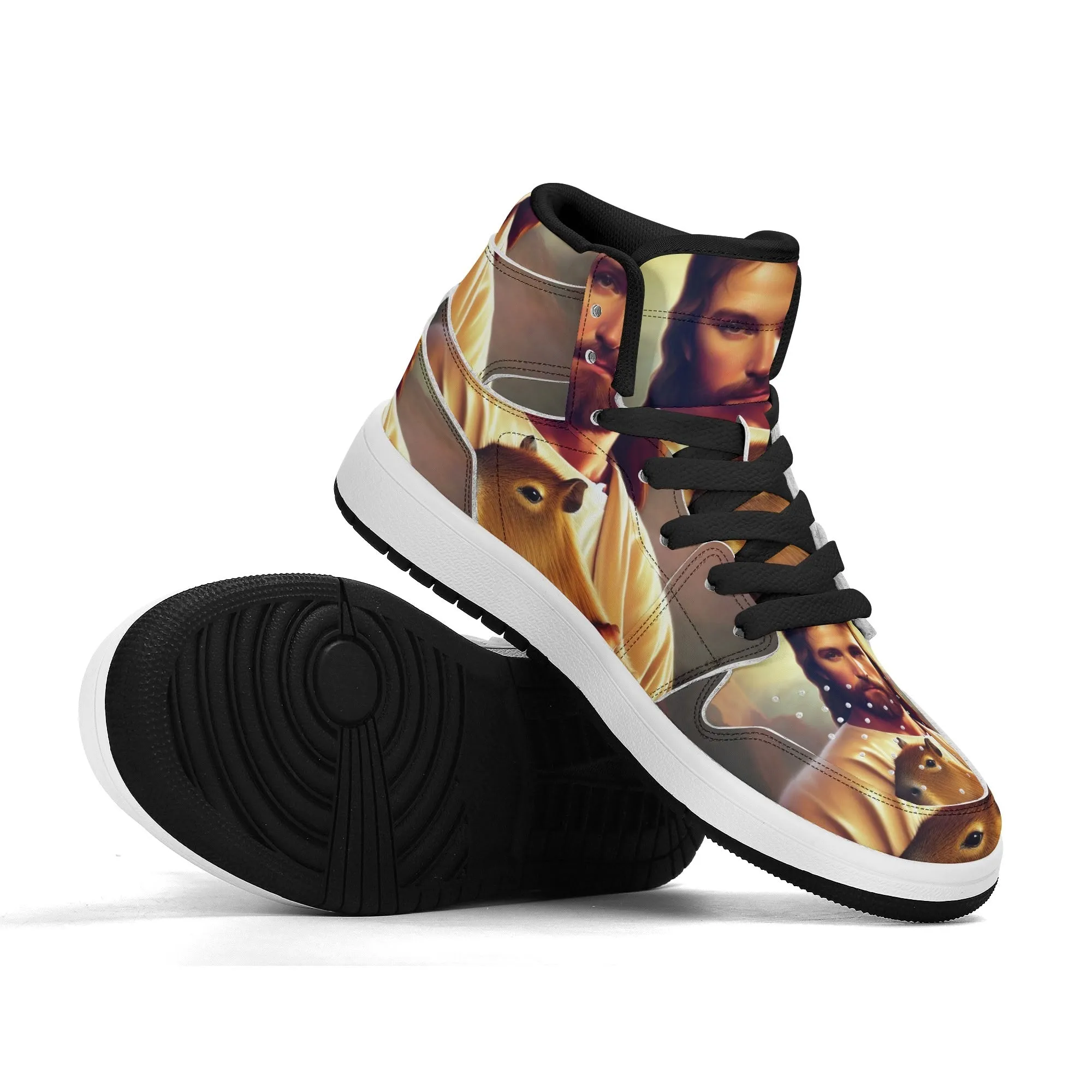 Jesus Holding Capybara Children Premium High Top Leather Sneakers