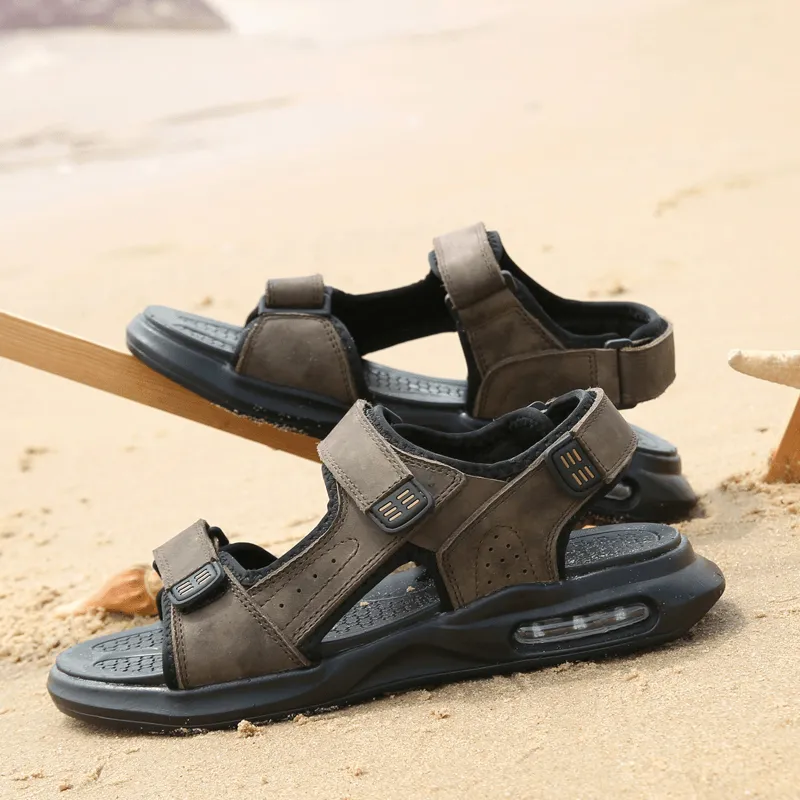 kkboxly kkboxly Men Outdoor Sport Cushioned Comfy Hook Loop Leather Beach Sandals