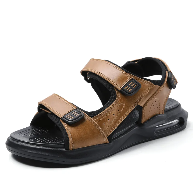 kkboxly kkboxly Men Outdoor Sport Cushioned Comfy Hook Loop Leather Beach Sandals