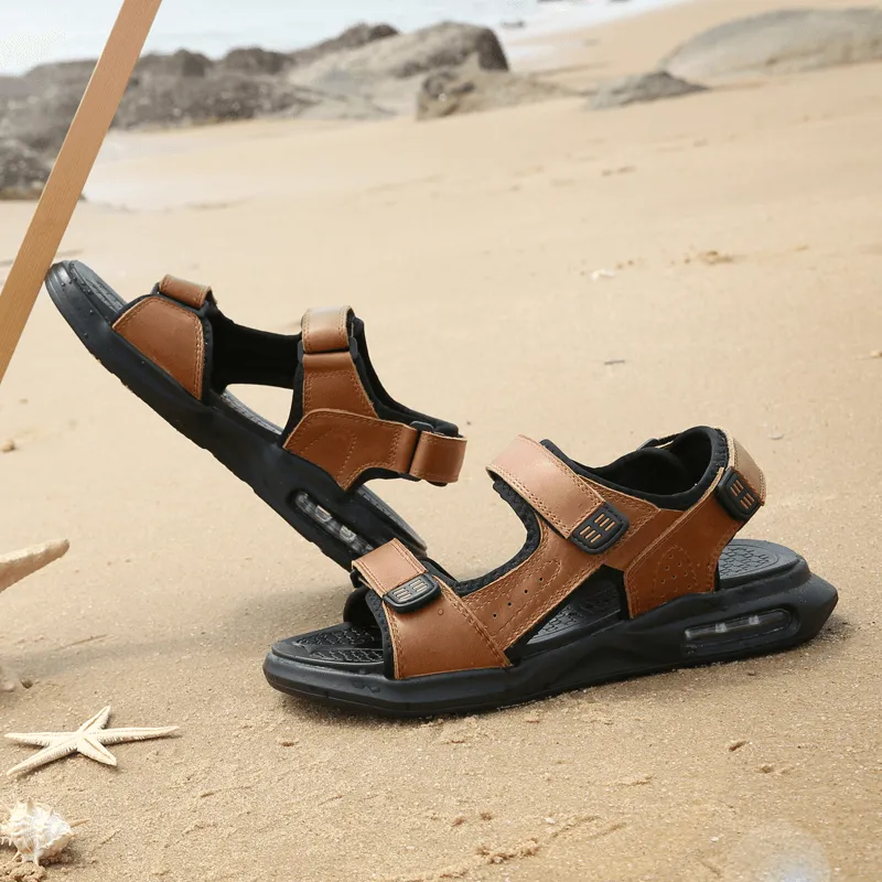 kkboxly kkboxly Men Outdoor Sport Cushioned Comfy Hook Loop Leather Beach Sandals