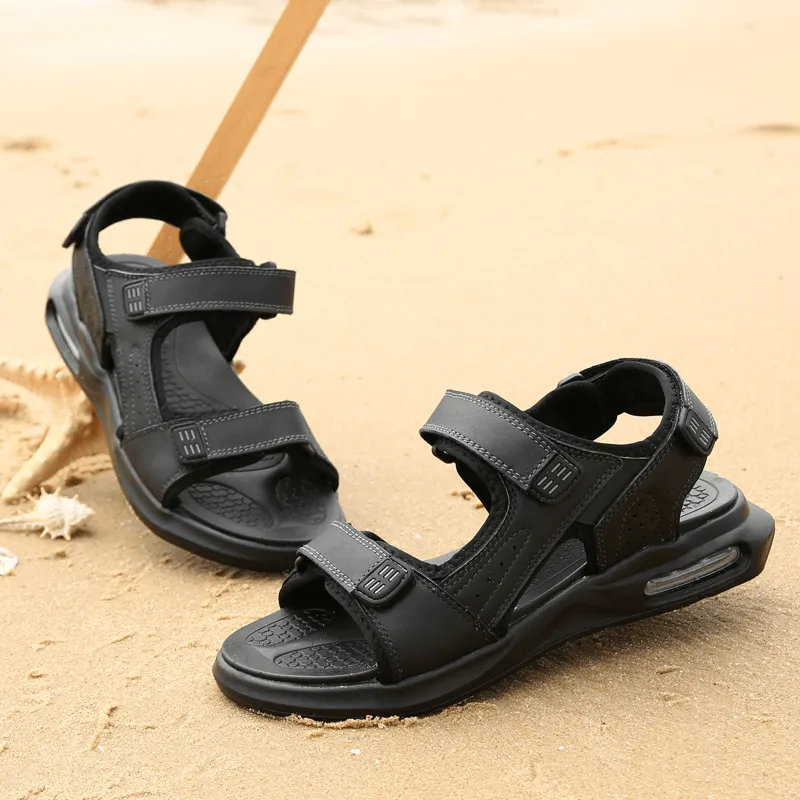 kkboxly kkboxly Men Outdoor Sport Cushioned Comfy Hook Loop Leather Beach Sandals