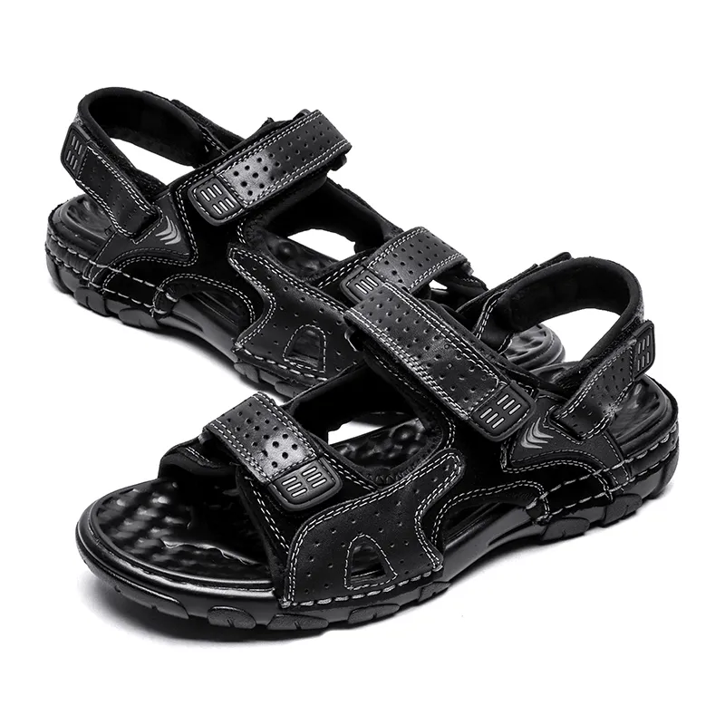 kkboxly kkboxly Men Summer Outdoor Comfy Cowhide Leather Non Slip Hook Loop Beach Sandals