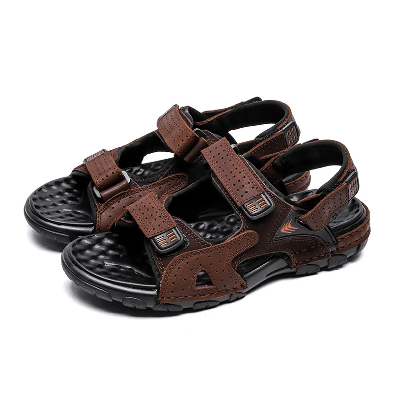 kkboxly kkboxly Men Summer Outdoor Comfy Cowhide Leather Non Slip Hook Loop Beach Sandals