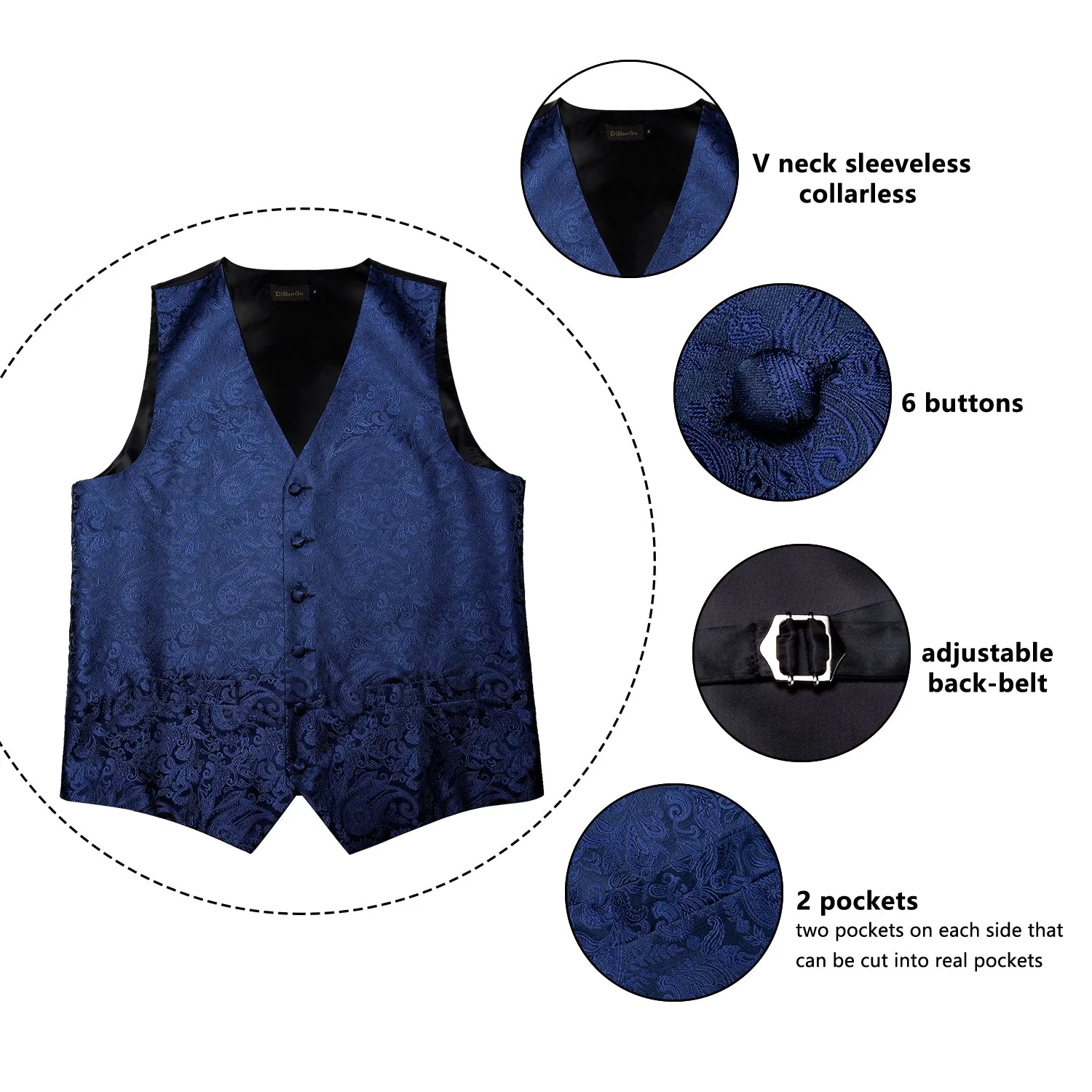 Luxury Blue Paisley Silk Men's Vest Bow Tie Hanky Cufflinks Set