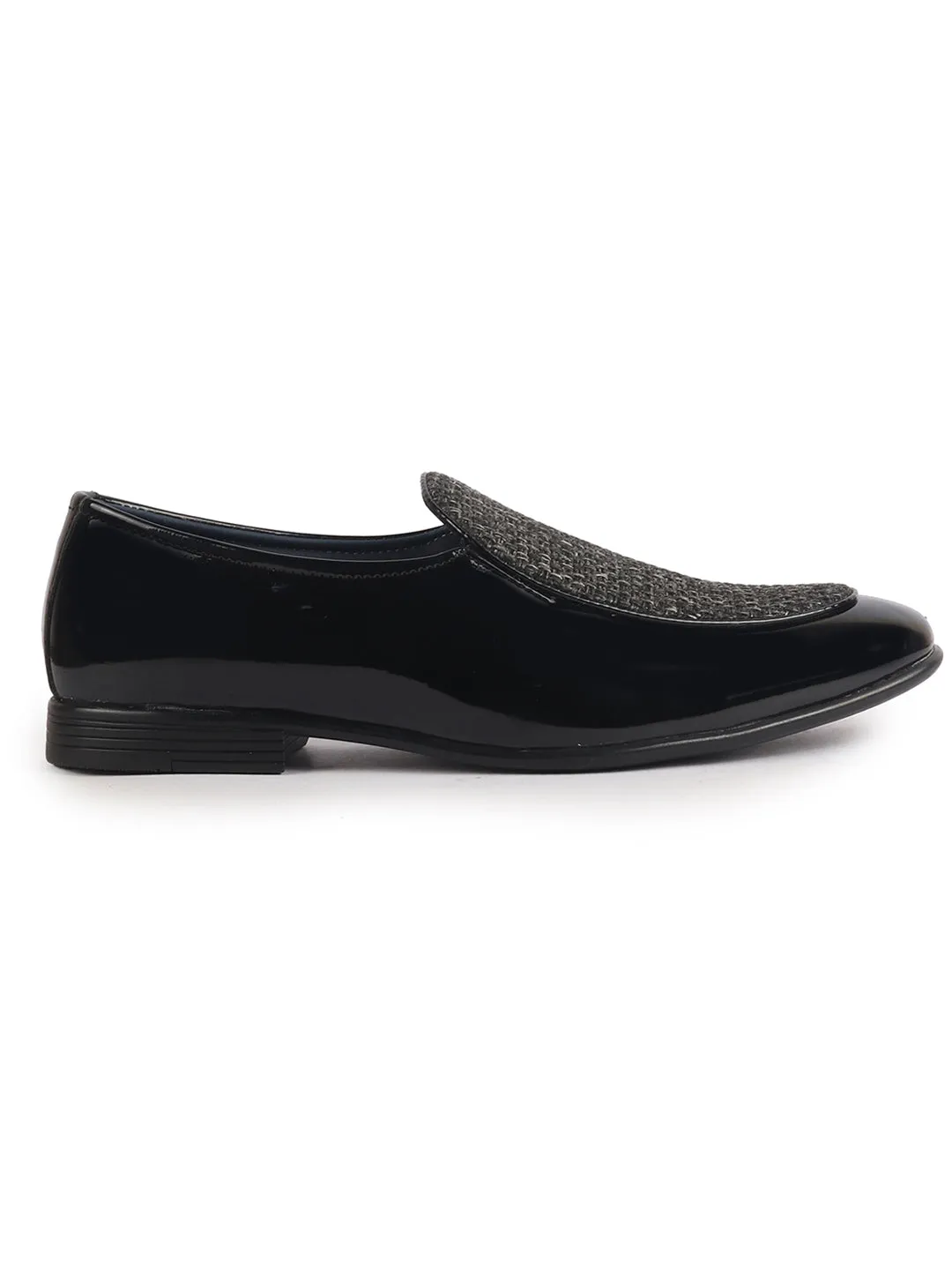 Men Black Patent Leather Hand Knitted Design Party Slip On Shoes|Ethnic Slip On Shoes|Lightweight Shoe