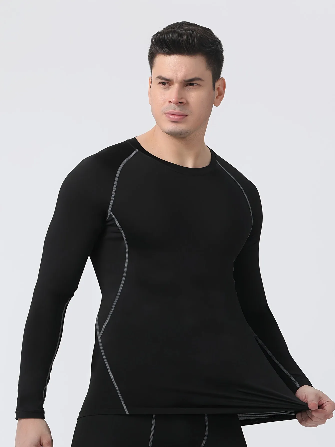 Men's Thermal Long Sleeve Compression Round Neck T-Shirt - High-Elastic Tight Fit for Winter Fitness, Training, and Running