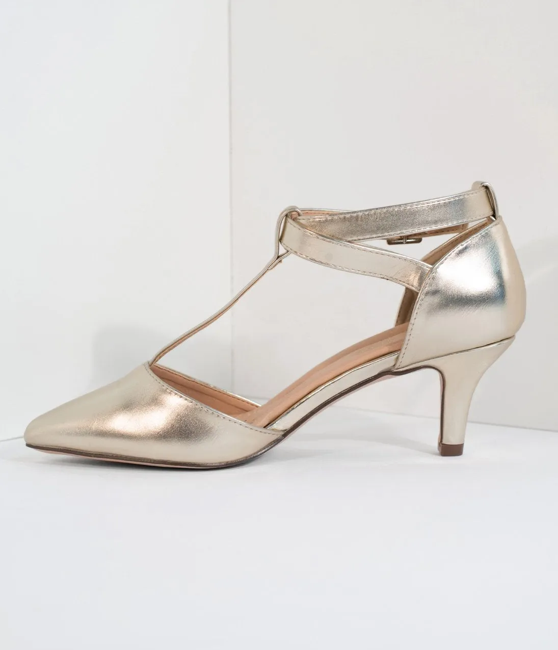 Metallic Gold Leatherette Pointed Toe Ellie T-Strap Heels