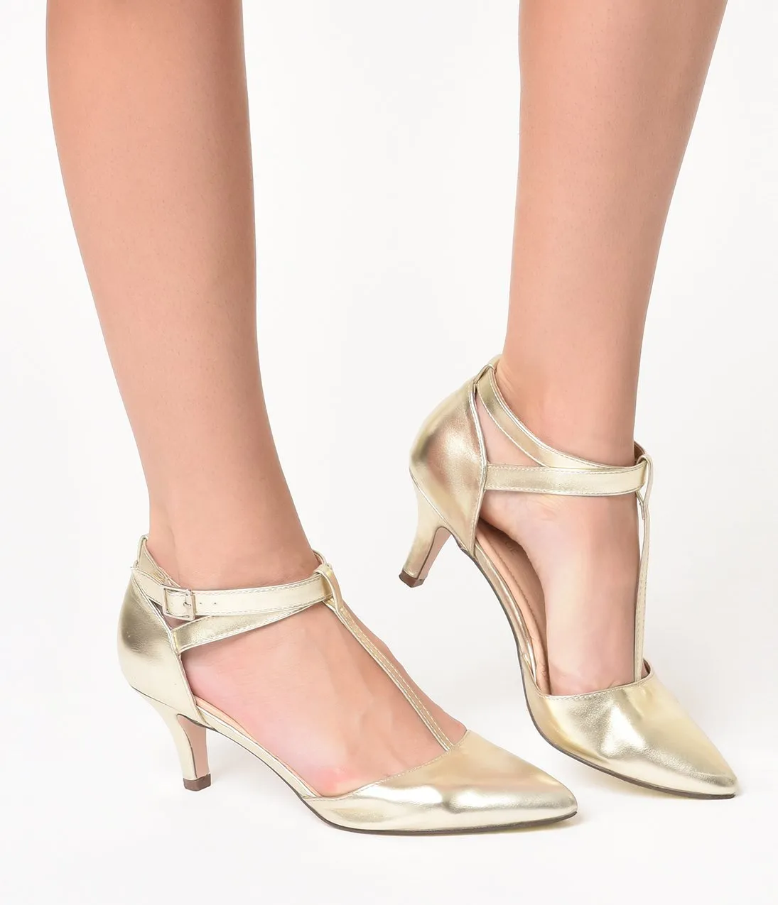 Metallic Gold Leatherette Pointed Toe Ellie T-Strap Heels