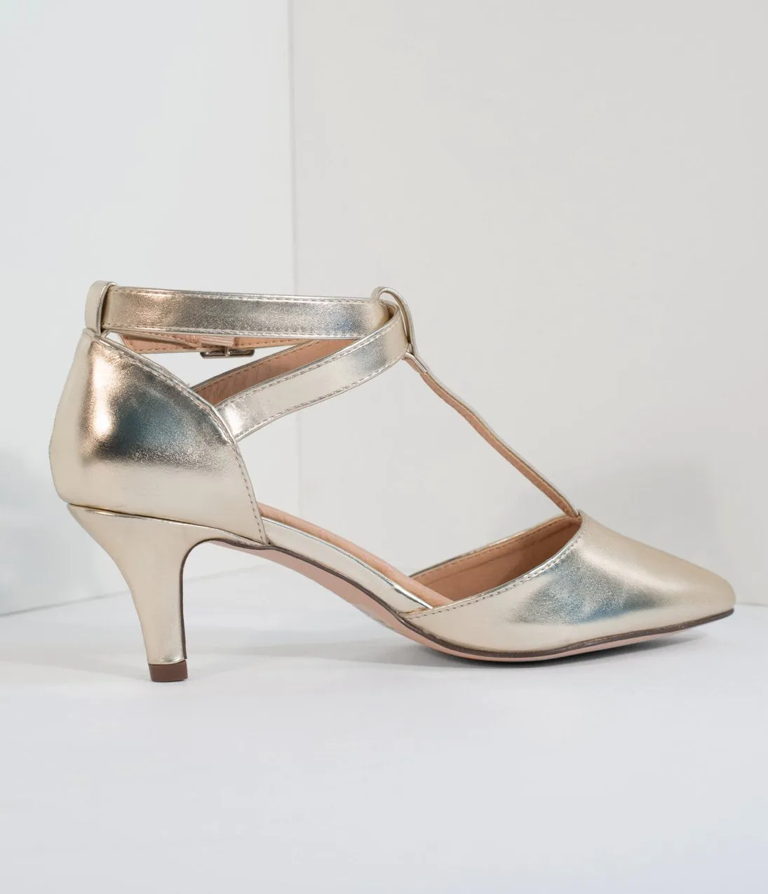 Metallic Gold Leatherette Pointed Toe Ellie T-Strap Heels