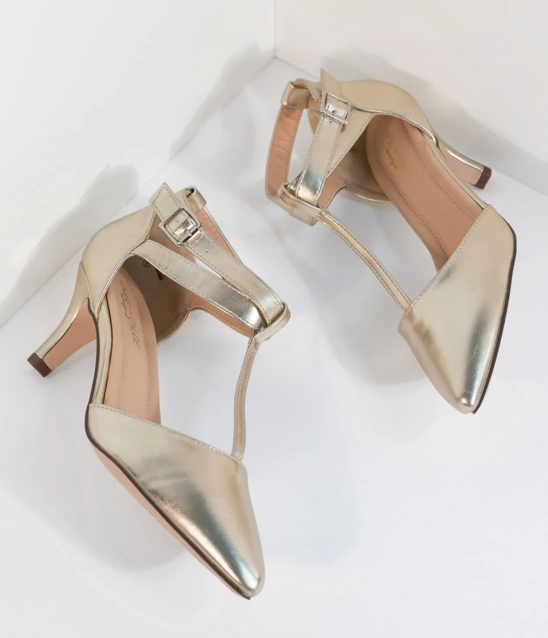 Metallic Gold Leatherette Pointed Toe Ellie T-Strap Heels