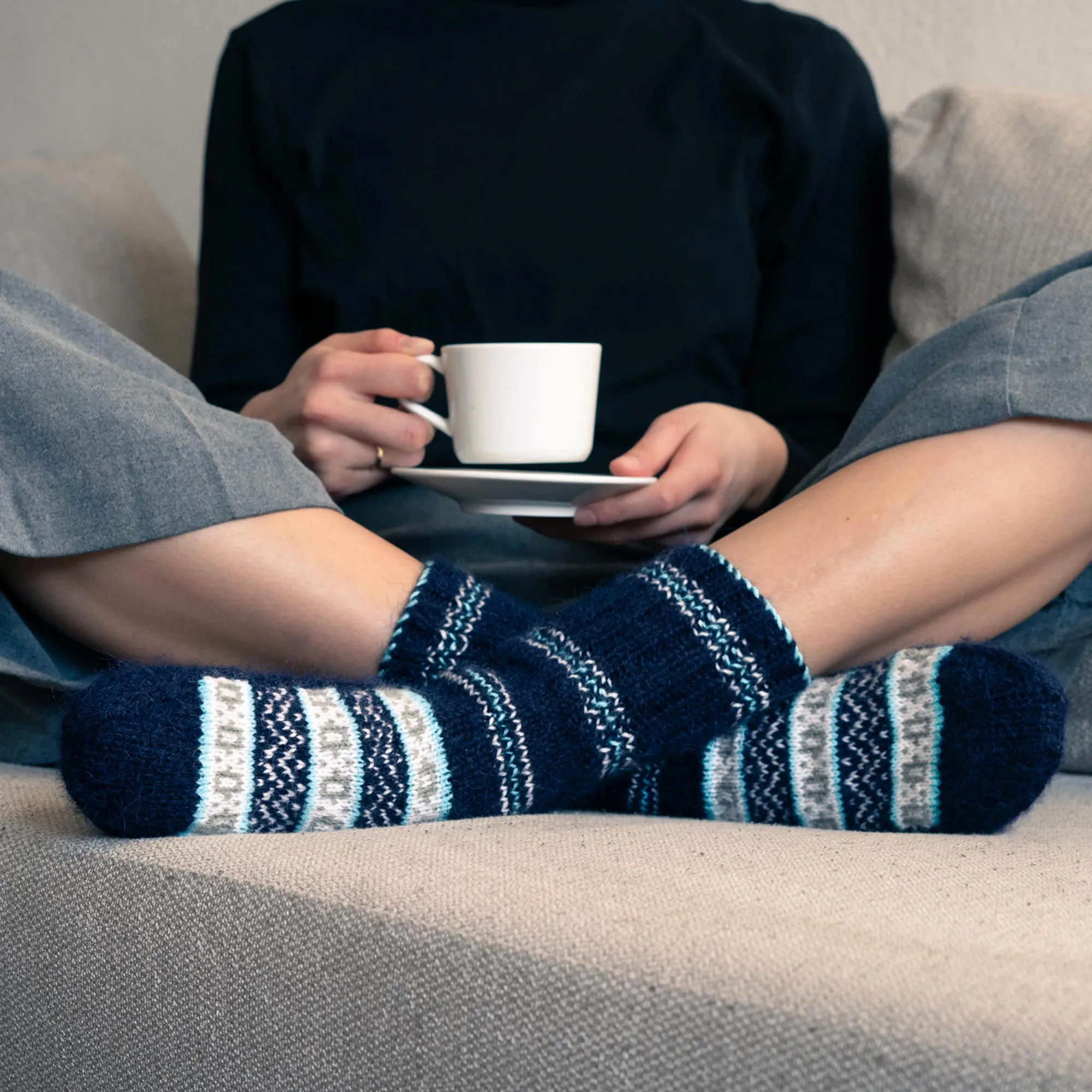 Midnight Frost Hand-Knit Midnight Blue Thick Slipper Style Socks from India