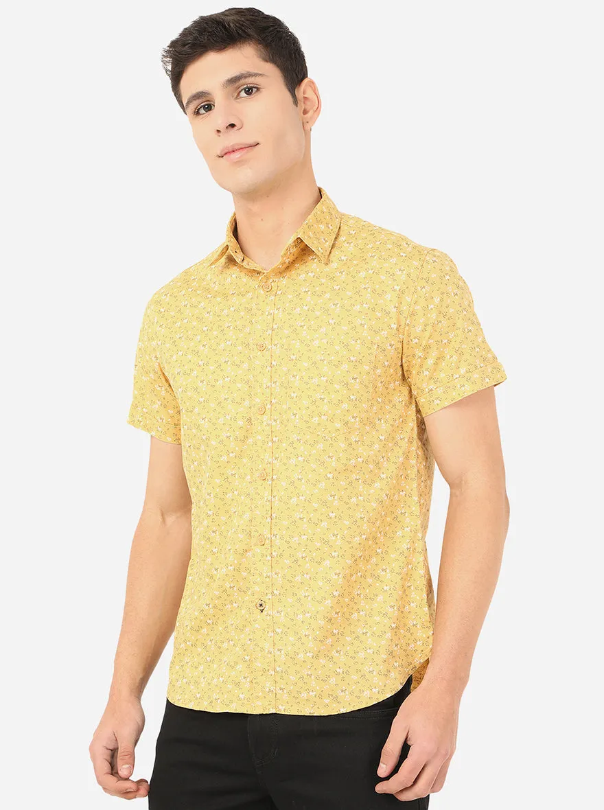 Mustard Yellow Printed Slim Fit Semi Casual Shirt | Greenfibre