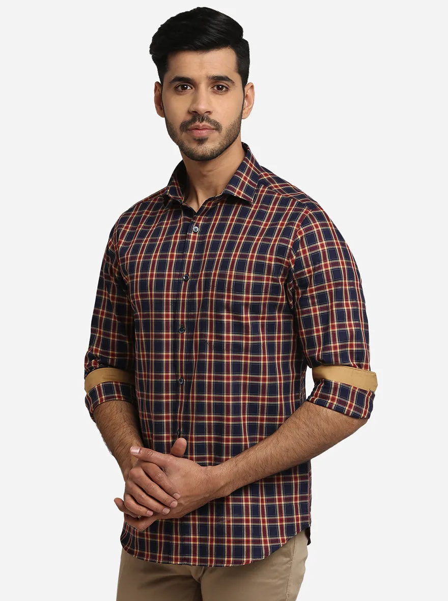 Navy Blue & Red Checked Slim Fit Formal Shirt | Greenfibre