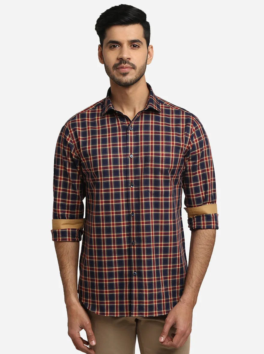 Navy Blue & Red Checked Slim Fit Formal Shirt | Greenfibre