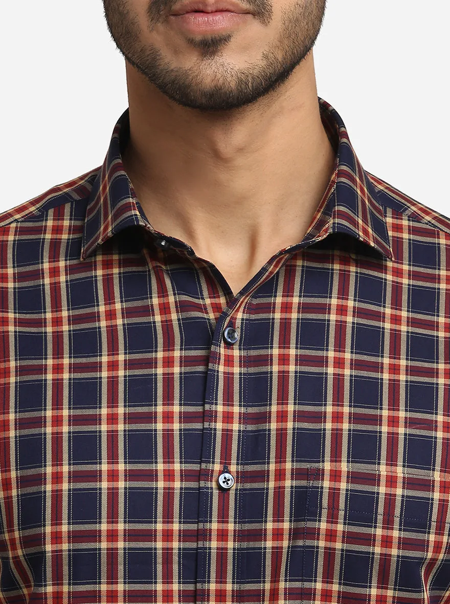 Navy Blue & Red Checked Slim Fit Formal Shirt | Greenfibre