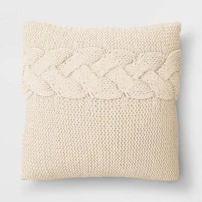 New - Oversized Cable Knit Square Throw Pillow Cream - Threshold