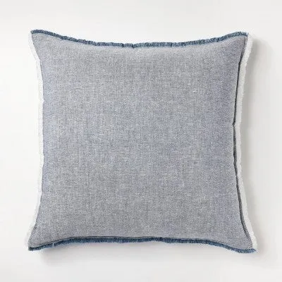 New - Oversized Reversible Linen Square Throw Pillow with Frayed Edges Blue - Threshold designed with Studio McGee