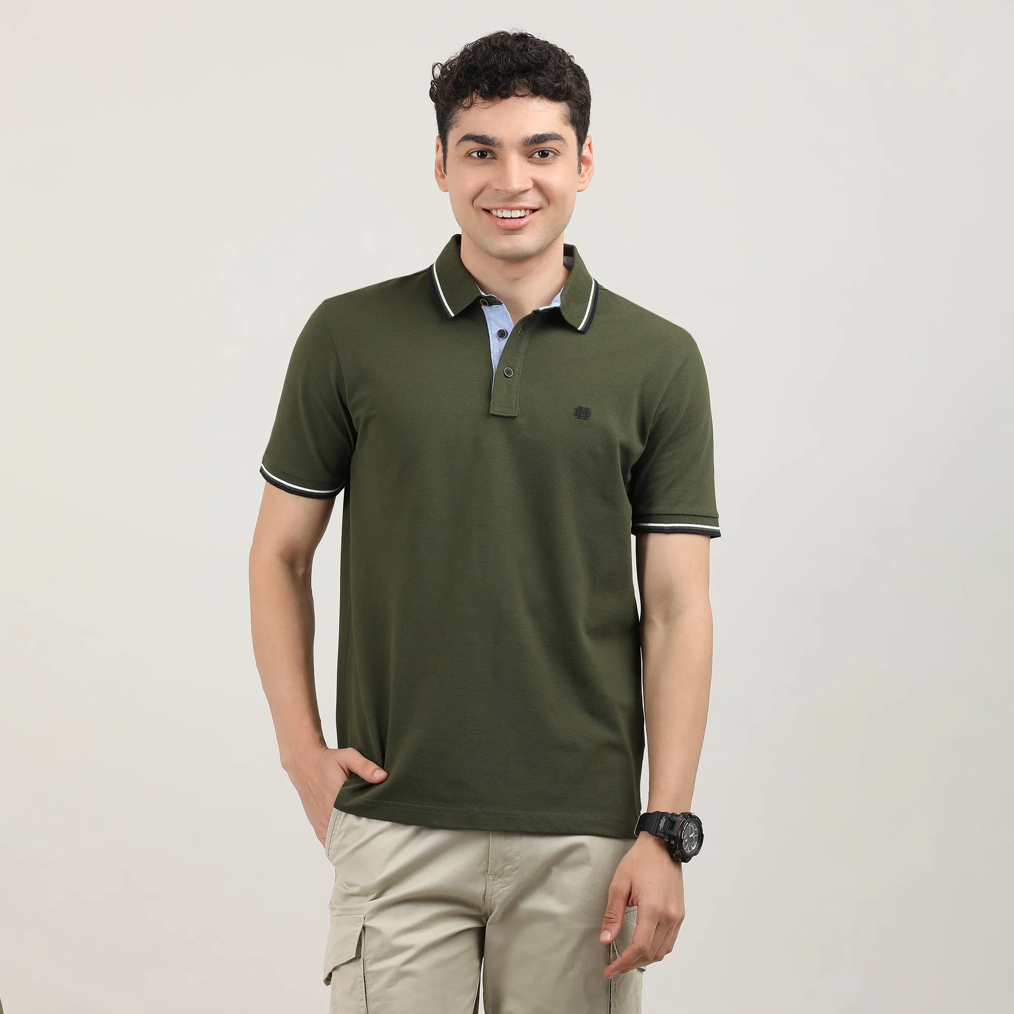 Olive Pique Polo T-shirt with Tipping Collar