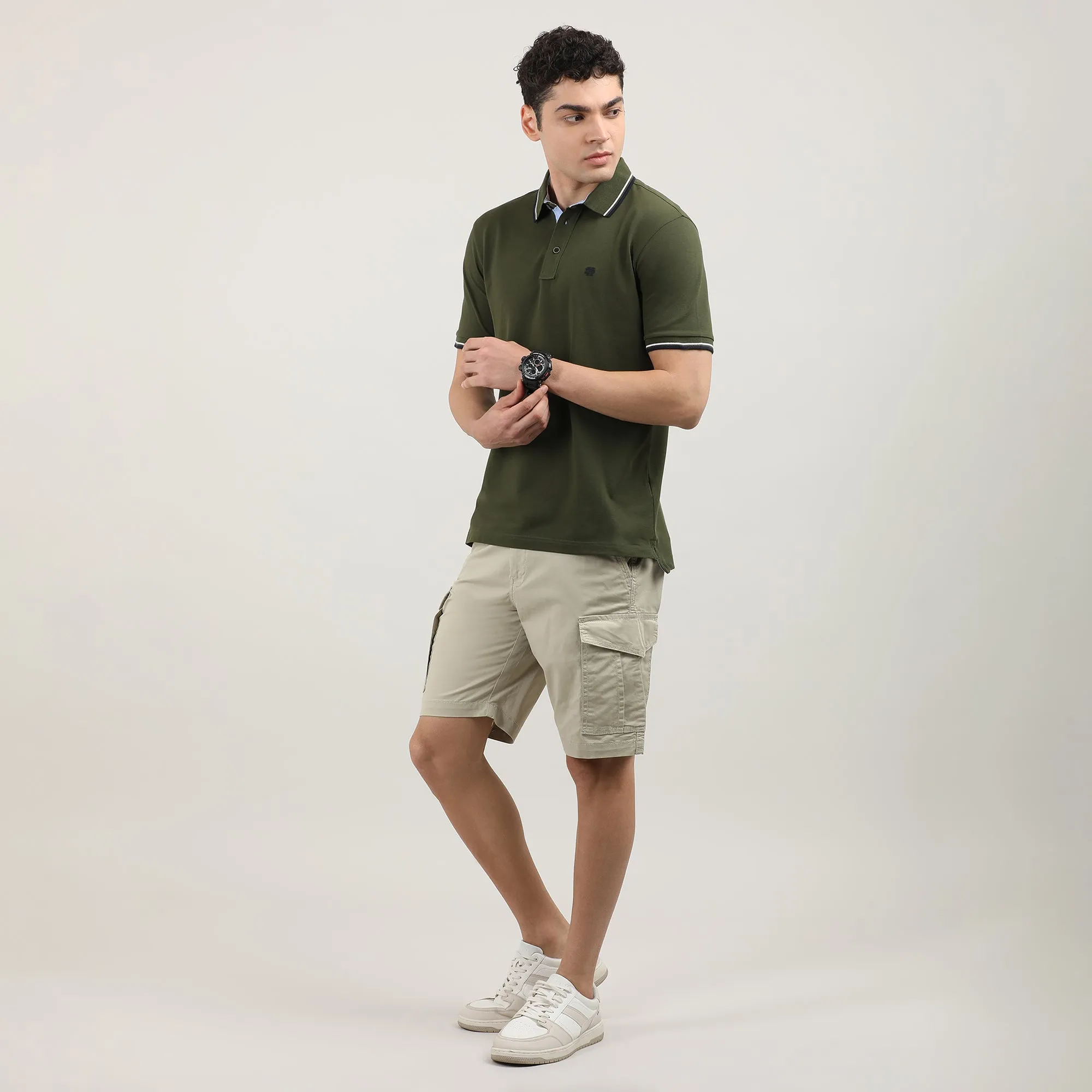 Olive Pique Polo T-shirt with Tipping Collar