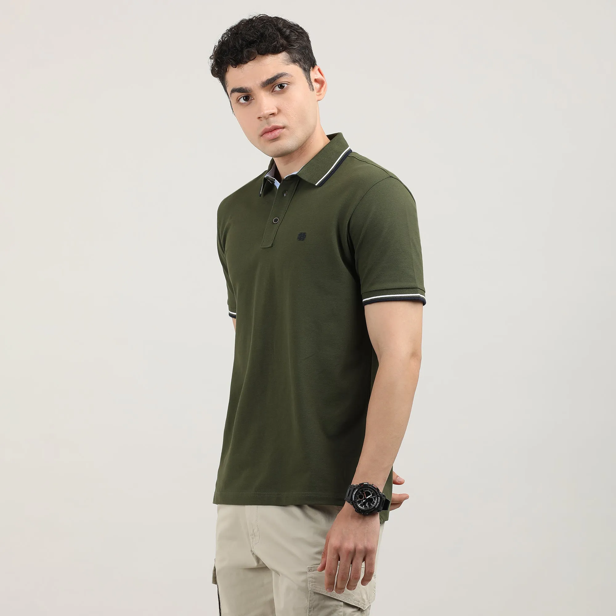 Olive Pique Polo T-shirt with Tipping Collar