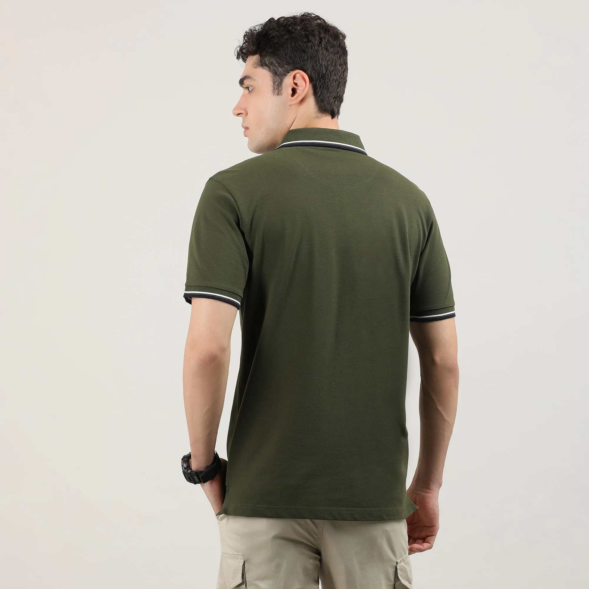 Olive Pique Polo T-shirt with Tipping Collar