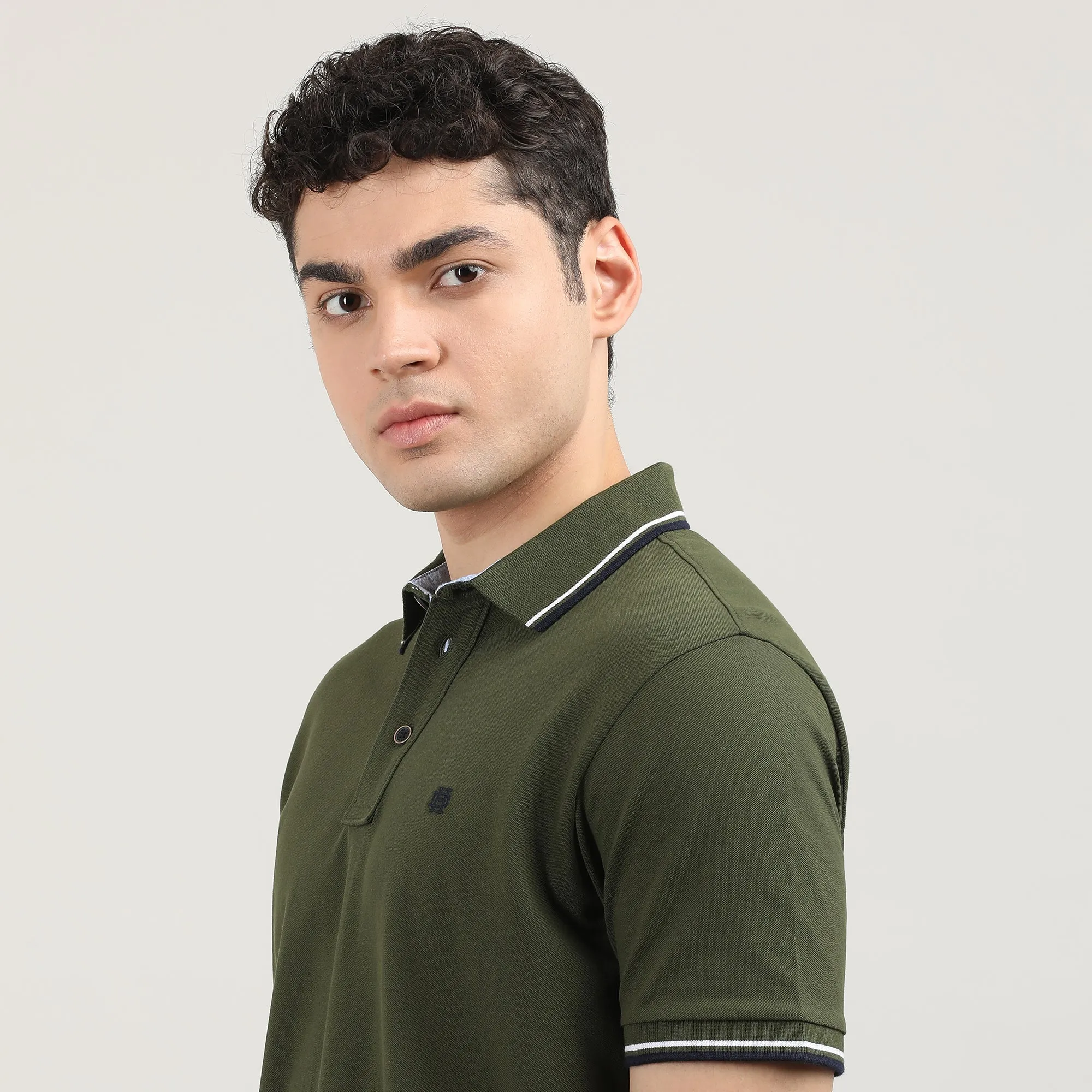 Olive Pique Polo T-shirt with Tipping Collar