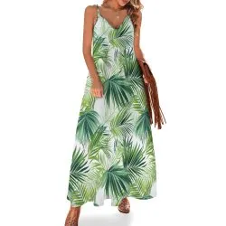 Palm Leaves Green Spaghetti Strap Ankle-Length Dress Long dress