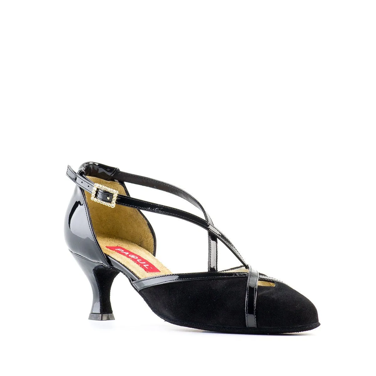 Paoul Arrastre Ladies Black Suede Argentine Tango Dance Shoe with Black Patent Straps and Flare Heel