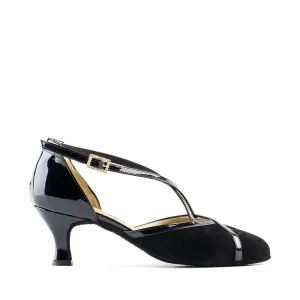 Paoul Arrastre Ladies Black Suede Argentine Tango Dance Shoe with Black Patent Straps and Flare Heel