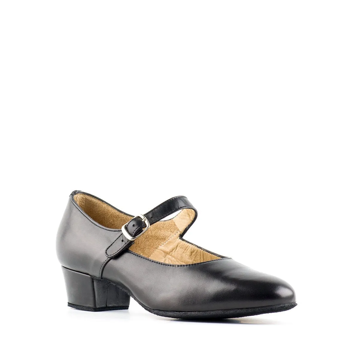 Paoul Flap Ladies Black Leather Social Dance Shoe with Mary Jane Strap and Low Heel