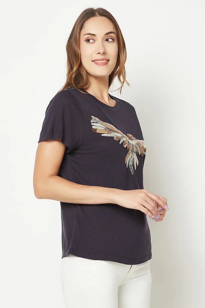 Pink Bird Embroidered T-shirt