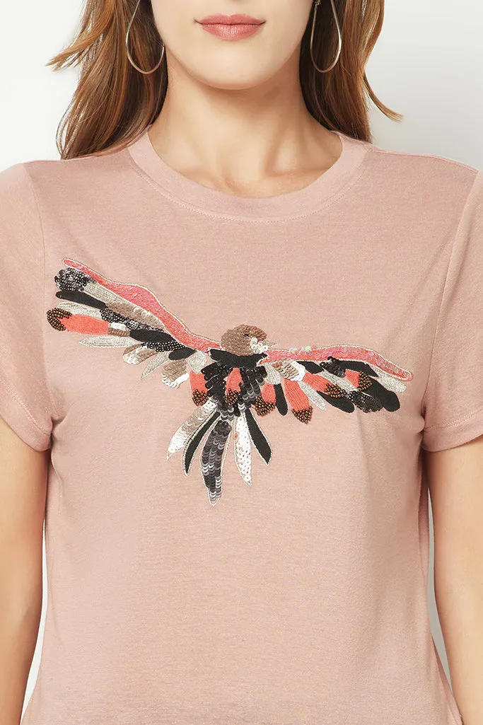 Pink Bird Embroidered T-shirt