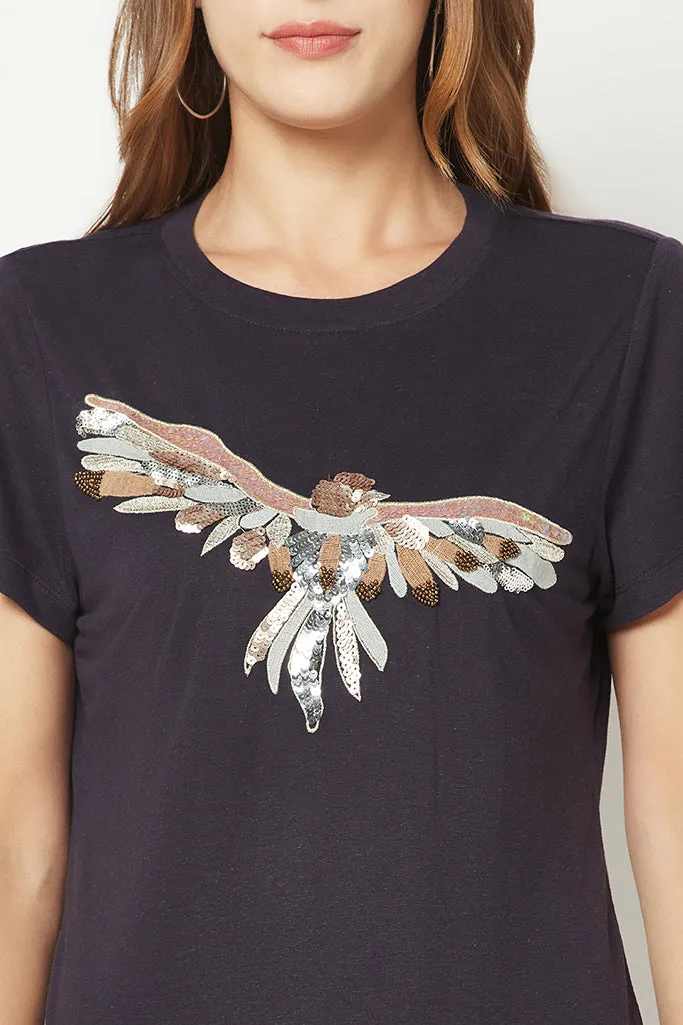 Pink Bird Embroidered T-shirt