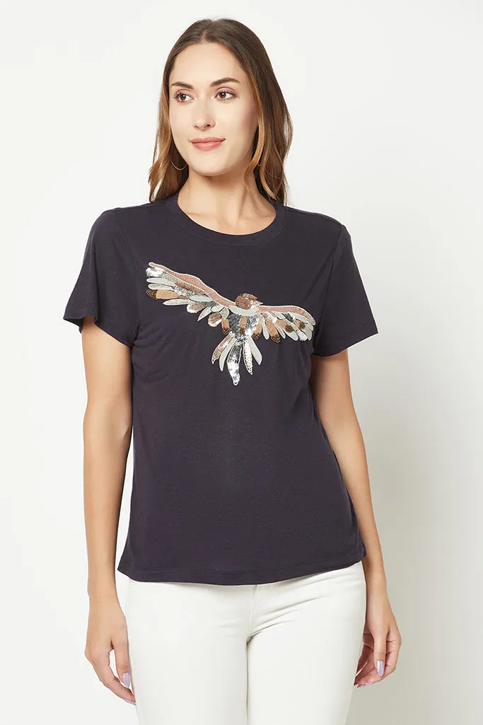 Pink Bird Embroidered T-shirt