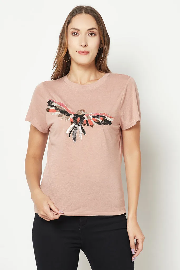 Pink Bird Embroidered T-shirt