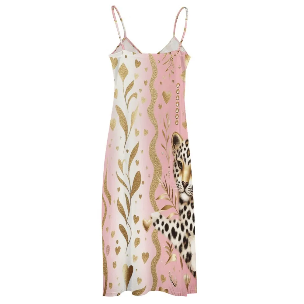 Pink Leopard Floral Spaghetti Strap Ankle-Length Dress Long dress